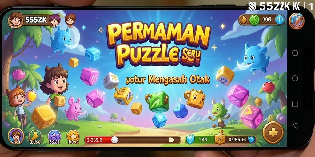 Screenshot gameplay 555ZK menunjukkan tantangan puzzle yang menarik dan berwarna.