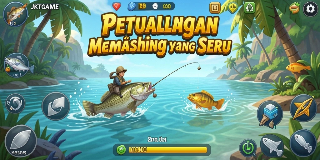 Tampilan gameplay JKTGAME dengan pemandangan memancing yang indah.