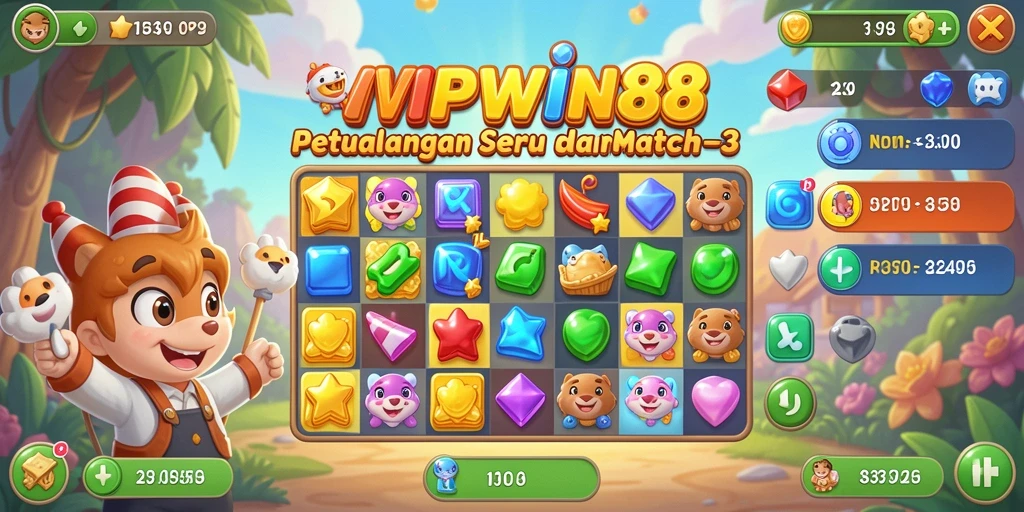 Screenshot gameplay Match-3 VIPWIN88 yang penuh warna dan tantangan.