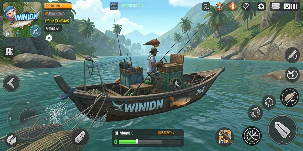 Tampilan gameplay WINIDN dengan pengalaman memancing yang mendebarkan.
